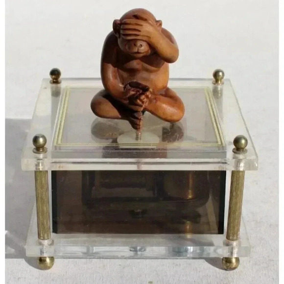RARE Vintage Peek-A-Boo Monkey Lucite Music Box Made In Hong Kong - Picture 2 of 7